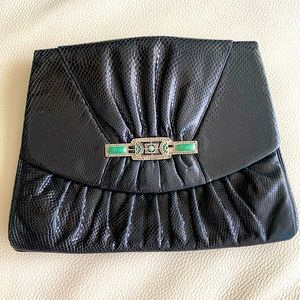 Judith Leiber Black Clutch with Green Enamel and Silver-Tone Accent